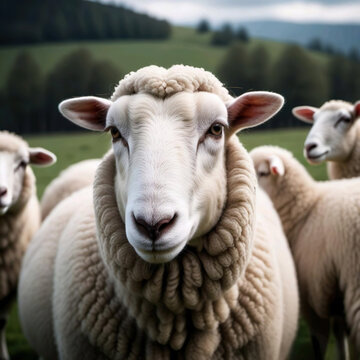Retrato ovejas en un prado de monta&ntilde;a con un bosque de fondo