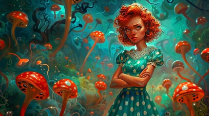 Obraz na płótnie Canvas A caricature woman in a polkadotted teal dress stands arms crossed in a cartoonish alien landscape her displeasure contrasting with the whimsically vibrant flora and curious extraterrestrial creatures