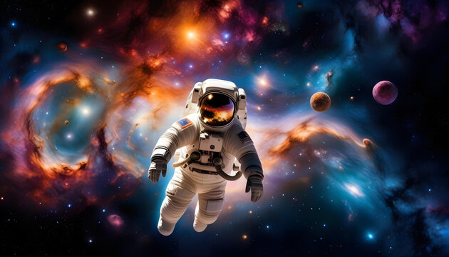 A photo taken in outer space of an astronaut floating among galaxies and nebulae