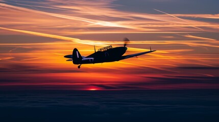 A black and white airplane flying through a sunset. The sky is filled with clouds and the sun is setting - obrazy, fototapety, plakaty