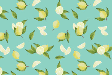 Fondo patrón de limones pintados a mano con acuarelas sobre fondo celeste turquesa fresco y veraniego