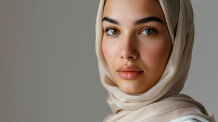 Beautiful Muslim woman on the gray background - 762616335