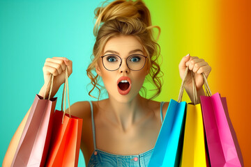 A young woman with glasses expressing excitement while holding colorful shopping bags on a gradient...
