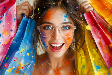 A joyful young woman with paint splashes on her face and vibrant shopping bags