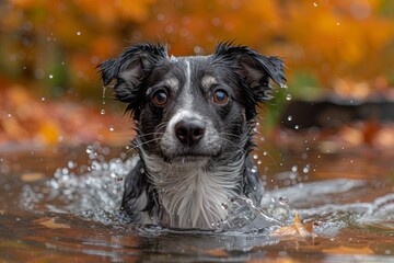A border collie in a puddle, with water splashing around, makes direct eye contact, creating an engaging portrait. - obrazy, fototapety, plakaty