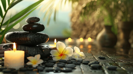 Spa concept massage stones with candles in nature background.