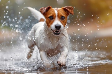 An exuberant dog splashes through water, with droplets flying around it in a dynamic playtime moment.