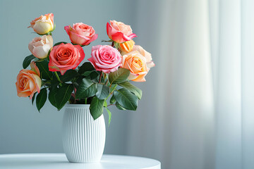 Bright Roses in Striped Vase on White Table.