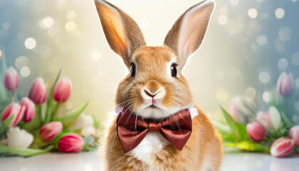 Portrait of an elegant cute bunny with a bow tie, looking straight into the frames. Generative AI.