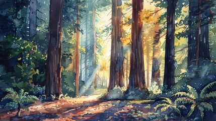 A watercolor painting depicting a dense forest with sunlight filtering through the tall trees, creating a play of light and shadows on the forest floor. The scene captures the beauty and tranquility o - obrazy, fototapety, plakaty