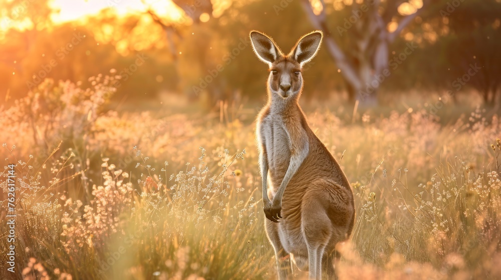 Aufkleber a kangaroo stands in a field of tall grass. the sun is setting, casting a warm glow over the scene