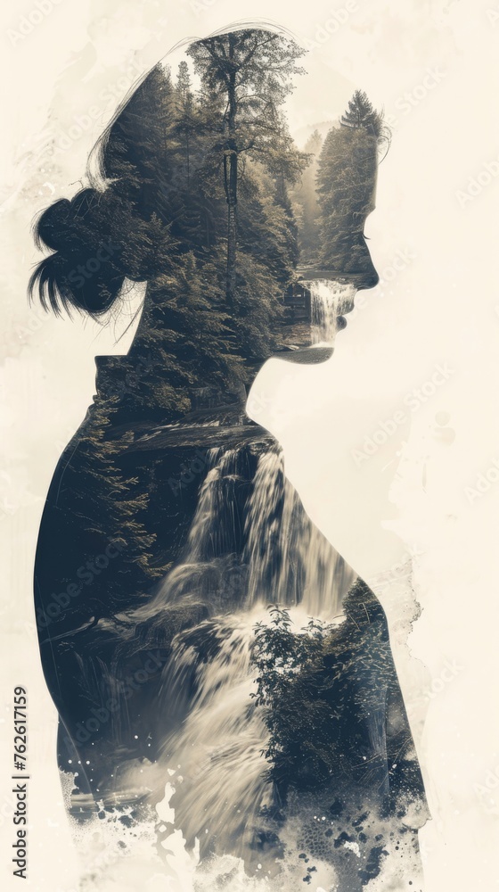 Poster a profile view of a woman with a waterfall in the background, creating a striking double exposure ef