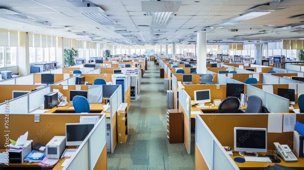 Poster a corporate office floor filled with numerous desks and computers, showing a bustling work environme