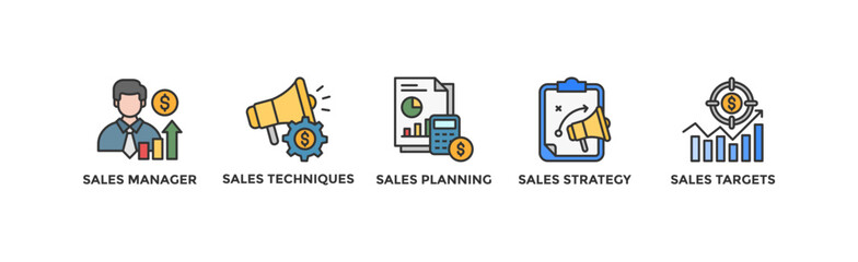 Sales management banner web icon vector illustration concept with icon of manager, sales techniques, planning, strategy, and targets	