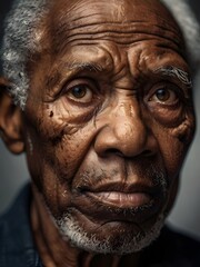Portrait of an elderly black man. The eyes reflect the strength of generations. Crumpled wisdom. Black history month concept. Generative AI