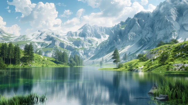 A realistic painting depicting a lake nestled among towering mountains. The serene water reflects the rugged peaks surrounding it, capturing a tranquil moment in natures beauty.