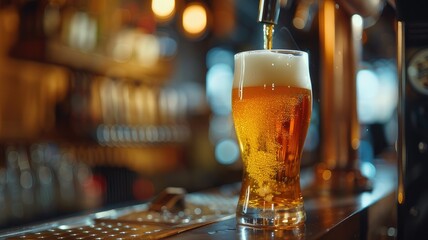 Savor the Moment: Close-Up Process of Pouring Beer into Glass on Bar in Lively Pub, Bartender's Artistry with Light Beer Creates Sensory Delight Amidst Bustling Ambiance
