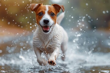 An exuberant dog splashes through water, with droplets flying around it in a dynamic playtime moment.