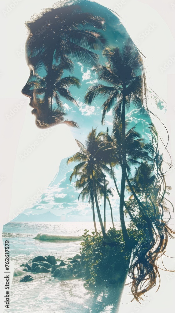Poster a womans face is shown in the foreground, with palm trees in the background creating a tropical atmo