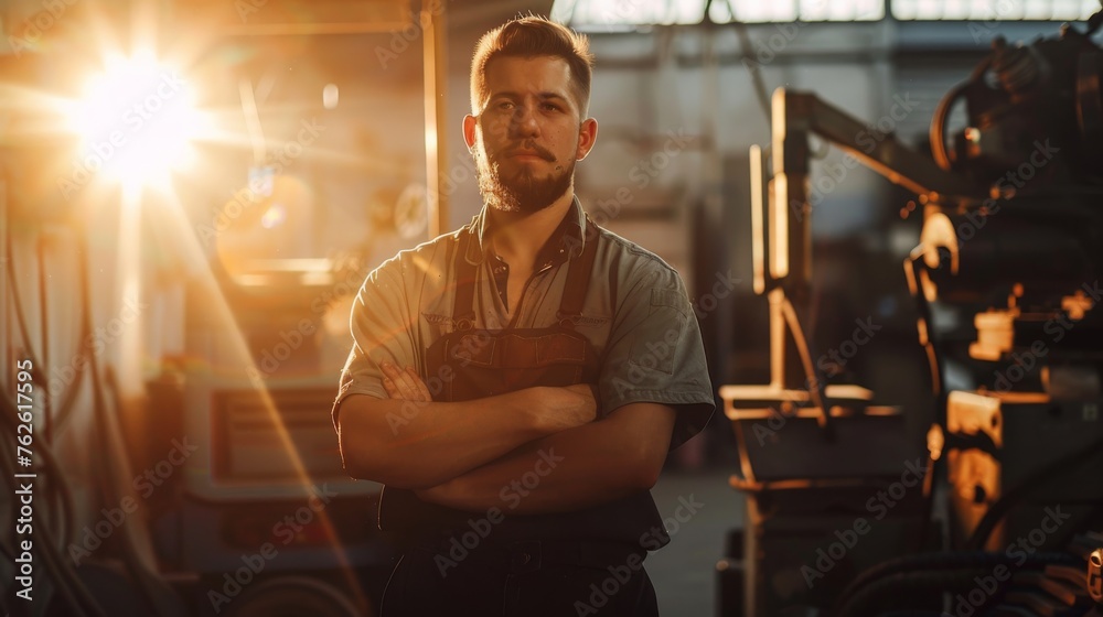 Poster a man with a beard stands in front of a truck with his arms crossed. the scene is set in a garage or