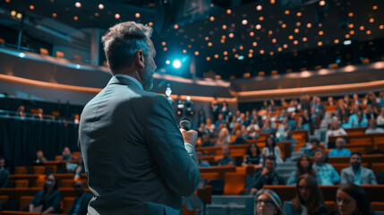 During a business and entrepreneurship symposium, a speaker gave a talk to an audience in a conference hall