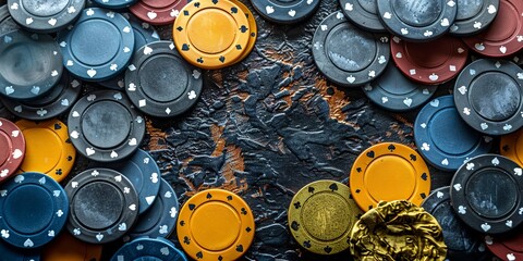 Gaming chips in a casino on the table. Concept: feeling of risk and high stakes of gambling,
gambling addiction, gambling addiction and support