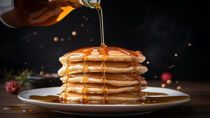 Generative AI Cinemagraph featuring a pouring stream of maple syrup into a stack of fluffy pancakes - obrazy, fototapety, plakaty