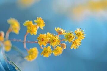 A cluster of vibrant yellow flowers set against a solid blue backdrop, creating a striking contrast in color and texture. The flowers are in full bloom, showcasing their delicate petals and intricate 