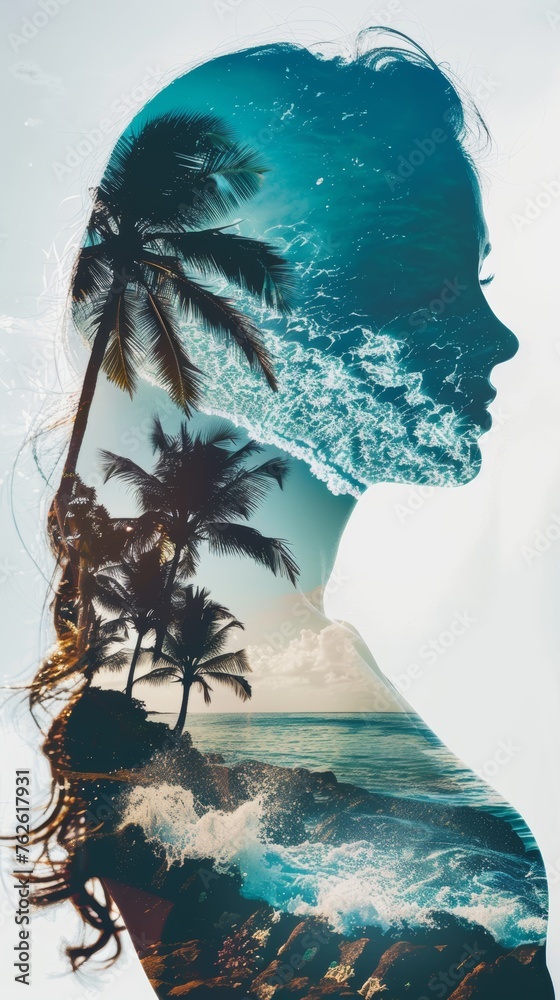Poster A double exposure showcasing a womans face with palm trees in the background, creating a unique and artistic blend of nature and human features.