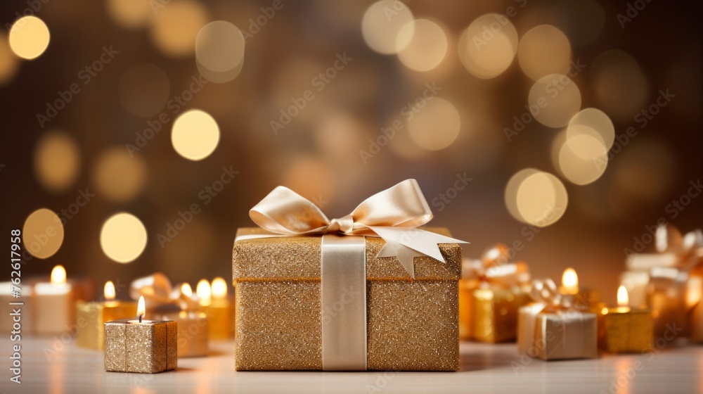 Aufkleber Generative AI Ultra-realistic portrayal capturing the allure of white and gold Christmas presents arranged atop an empty table, complemented by enchanting blurred bokeh lights. Elegant and festive atm