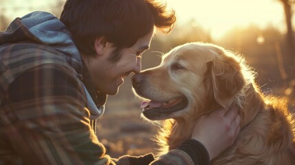 A man tenderly holding a dog in his arms, showing the strong bond and love between a pet and their owner. The mans face expresses care and affection towards the cute canine companion.