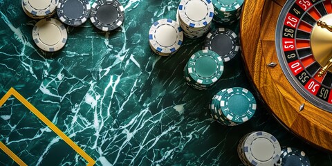 Gaming chips in a casino on the table. Concept: feeling of risk and high stakes of gambling,
gambling addiction, gambling addiction and support