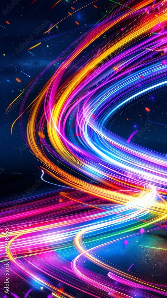 Poster a colorful, swirling line of light with a blue background. the line of light is made up of many diff