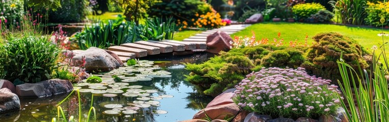 A garden featuring a pond with a bridge crossing over it. The bridge connects different parts of...