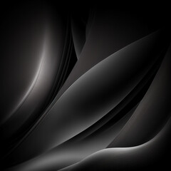 An abstract black background with 3D waves, soft edges, and curves that highlight the play of light on smooth surfaces. The composition is balanced, demonstrating the elegance of lines and the beauty