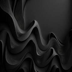 An abstract black background with 3D waves, soft edges, and curves that highlight the play of light on smooth surfaces. The composition is balanced, demonstrating the elegance of lines and the beauty - obrazy, fototapety, plakaty