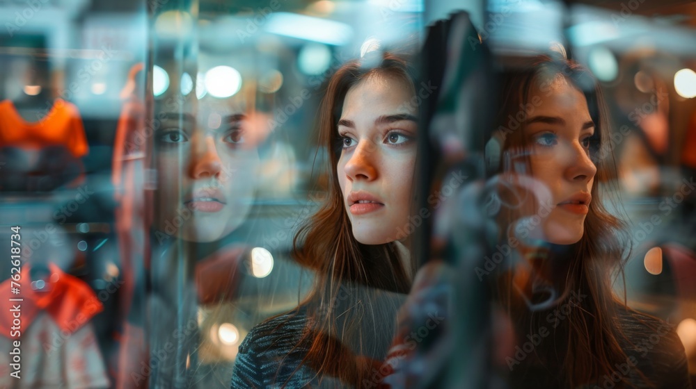 Poster a woman is looking at her reflection in a glass case. the image has a reflective quality, with the w