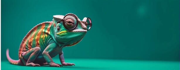 chameleon wearing sunglasses on a solid color background, vector art, digital art, faceted, minimal, abstract, panorama background. Generative AI.