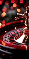 Casino roulette with balls and red and black background with bokeh.