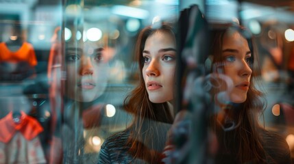 Obraz premium A woman is looking at her reflection in a glass case. The image has a reflective quality, with the woman's face appearing in the glass. The scene is set in a store, with various items on display