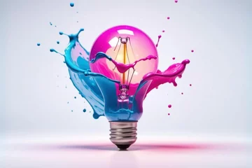 Foto op Plexiglas Creative light bulb explodes with pink and blue colorful paint and splashes on a solid background. Think differently creative idea concept © Fida