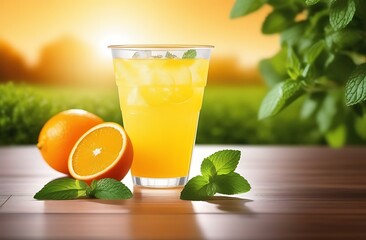 Fototapeta premium Surreal, large plastic cup fulled with orange juice, vissible ice cubes, background orange tree and mint leaves with water splash, the plastic cup has the words with the stylish font,beside the plasti