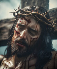 illustration OF JESUS ​​WITH CROWNS OF THORNS ON THE CROSS - GENERATED BY AI - obrazy, fototapety, plakaty