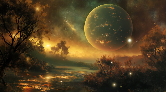 A breathtaking digital art landscape featuring a large planet rising above a mystical, golden-hued forest under a starlit sky