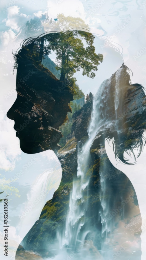 Poster A side profile of a woman is visible against a background of a majestic waterfall, creating a striking contrast between the human form and the powerful natural element.