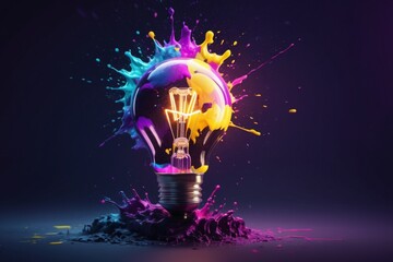 Creative light bulb explodes with colorful paint and splashes on a solid black background. Think differently creative idea concept