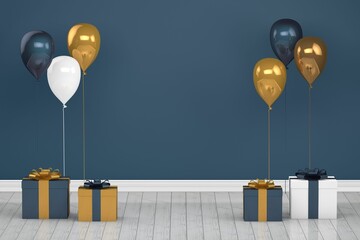 Christmas and new year - gift boxes with balloons isolated on solid  background, Ai generative - obrazy, fototapety, plakaty
