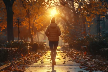 Foto op Aluminium A person jogging in a park at dawn, with sunlight streaming through autumn leaves. © Denis Yakovlev