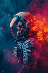 A dramatic portrait of an astronaut with a skull face set against a fiery nebula, capturing the stark beauty of life and the cosmos