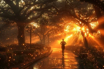 Gartenposter A person jogging in a park at dawn, with sunlight streaming through autumn leaves. © Denis Yakovlev